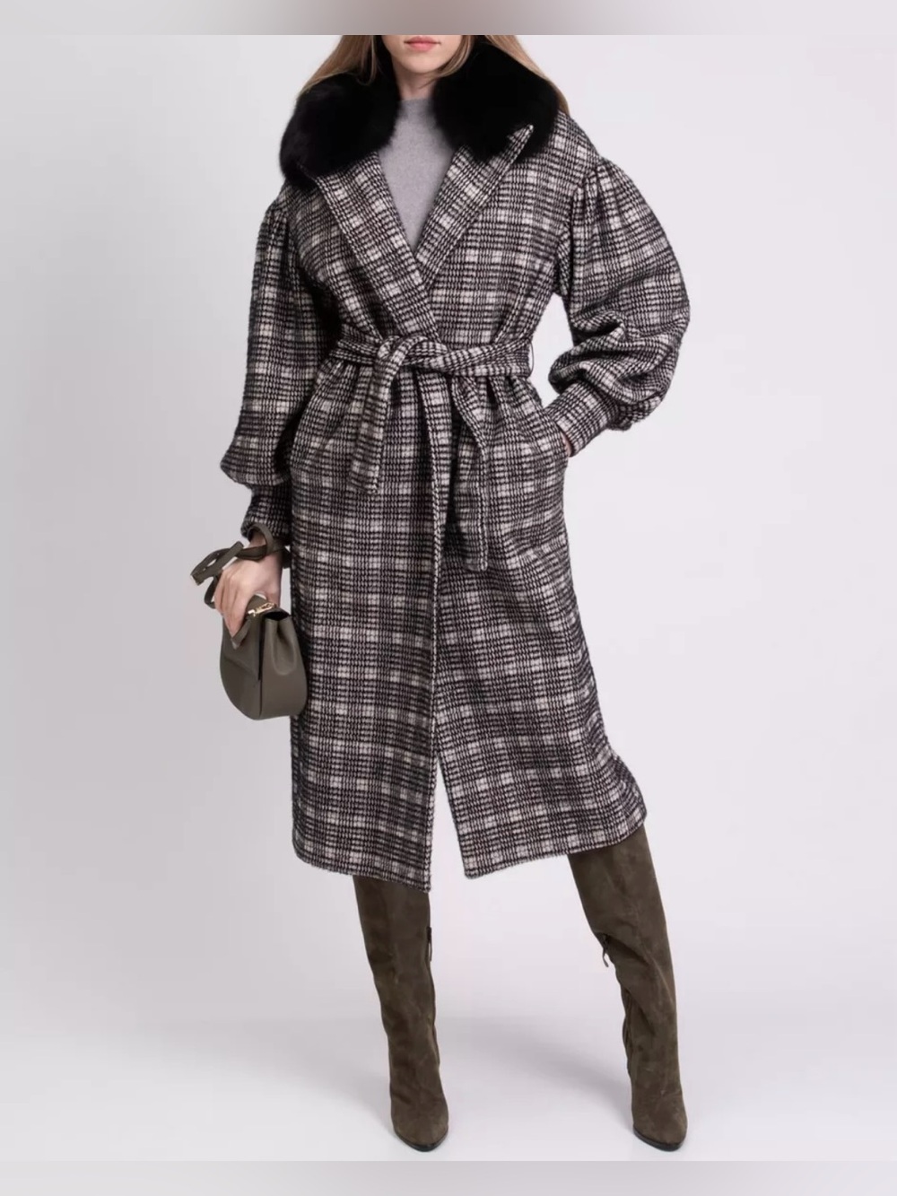 Plaid Belted Trench Coat with Fur Collar - Black/Gray wrap